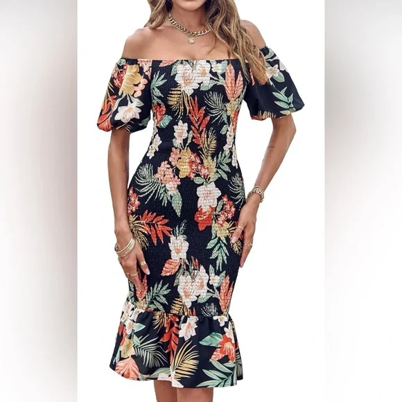 Midi Floral Puff Sleeve Dress ideal for that Tropical vacation Size XL - Picture 2 of 7